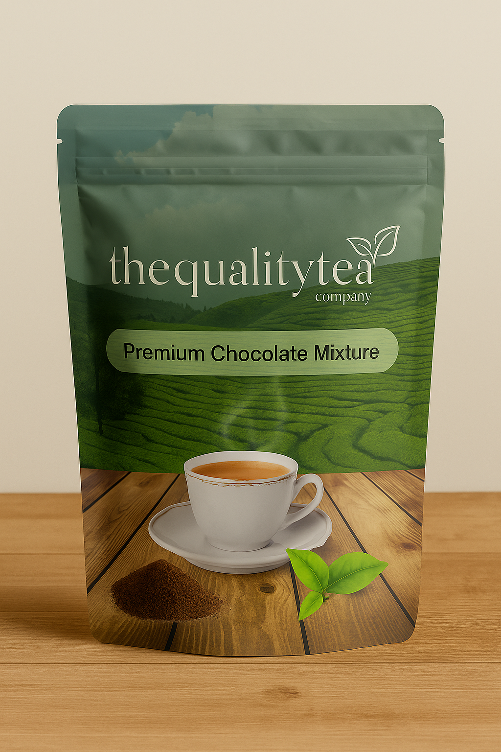 A green stand-up packet of The Quality Tea Company’s Product Premium Chocolate Mixture, featuring a steaming cup of tea in a white porcelain cup with matching plate, alongside tea powder and fresh tea leaves on a wooden surface